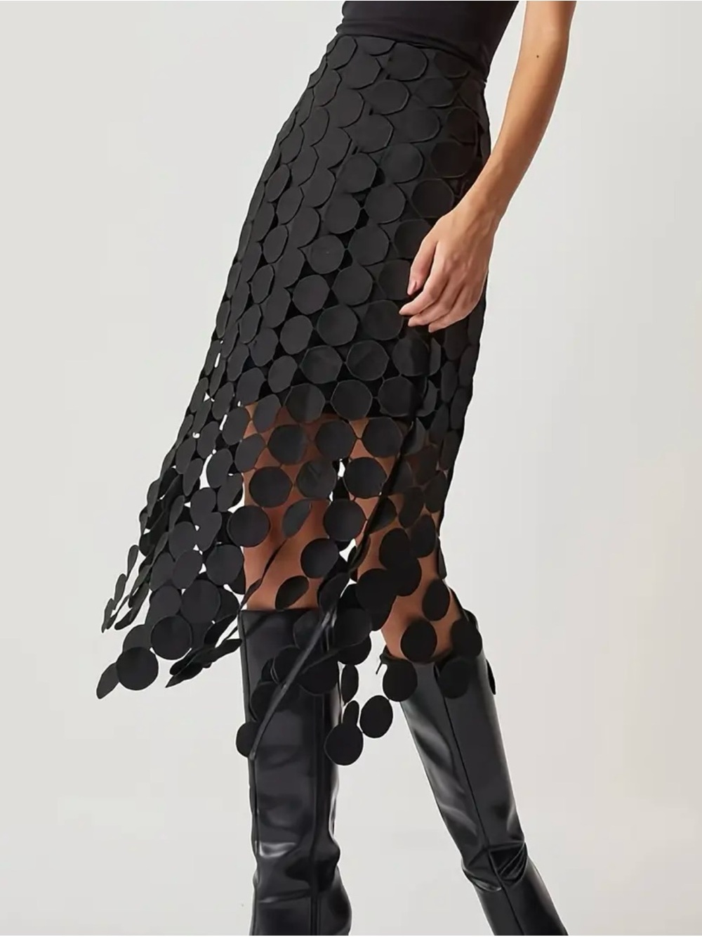 Black Circle Appliqué Pencil Skirt with Fringe Detail - Picture 3 of 3